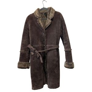 Express Y2K Penny Lane Brown Leather Trench Coat Lined Long Belted Womens Large